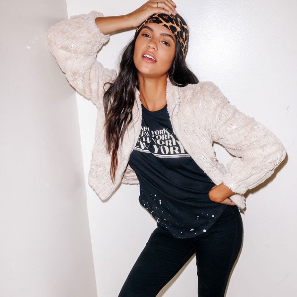 Chaser SEQUIN FAUX FUR PUFF SLEEVE ZIP UP JACKET